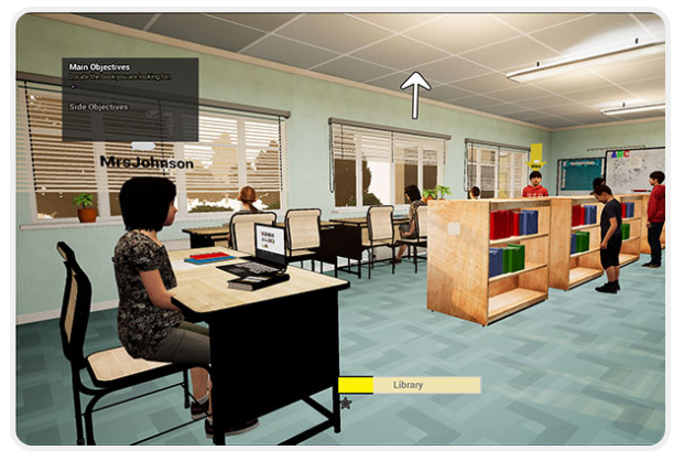 A computer-generated image of a virtual classroom environment with a character sitting at a teacher's desk and animated students in the background.