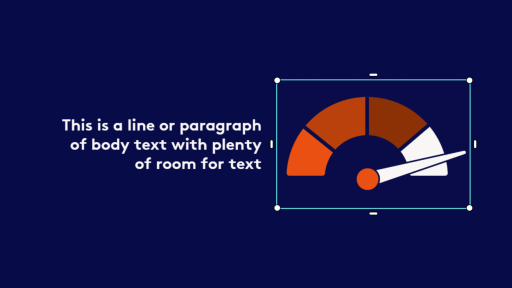 A graphic of a speedometer alongside a text box with sample text on a dark blue background.