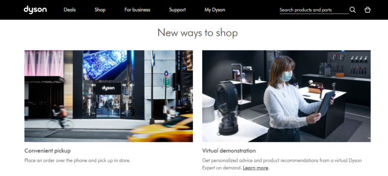 Website page showing shopping options with images of a curbside pickup and virtual product demonstration at dyson.