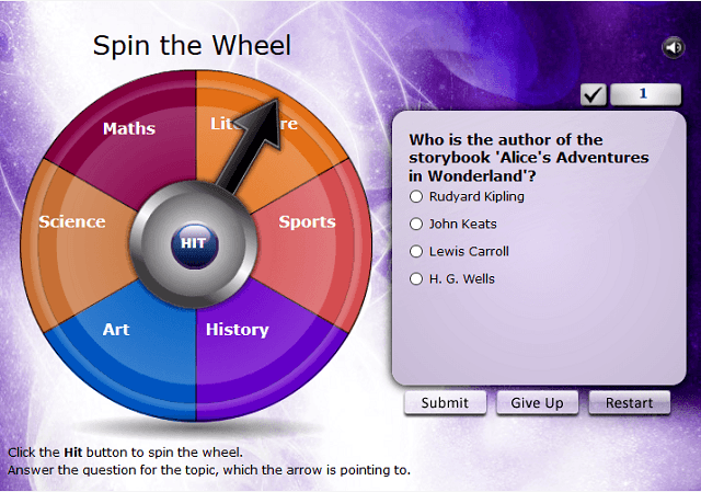 A colorful wheel with various academic subjects and a trivia question about 'alice's adventures in wonderland' by lewis carroll displayed on a game interface.