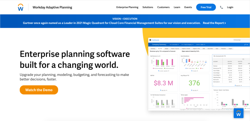 A webpage screenshot advertising workday adaptive planning software, highlighting enterprise planning tools for a changing world with a call to action to watch the demo.