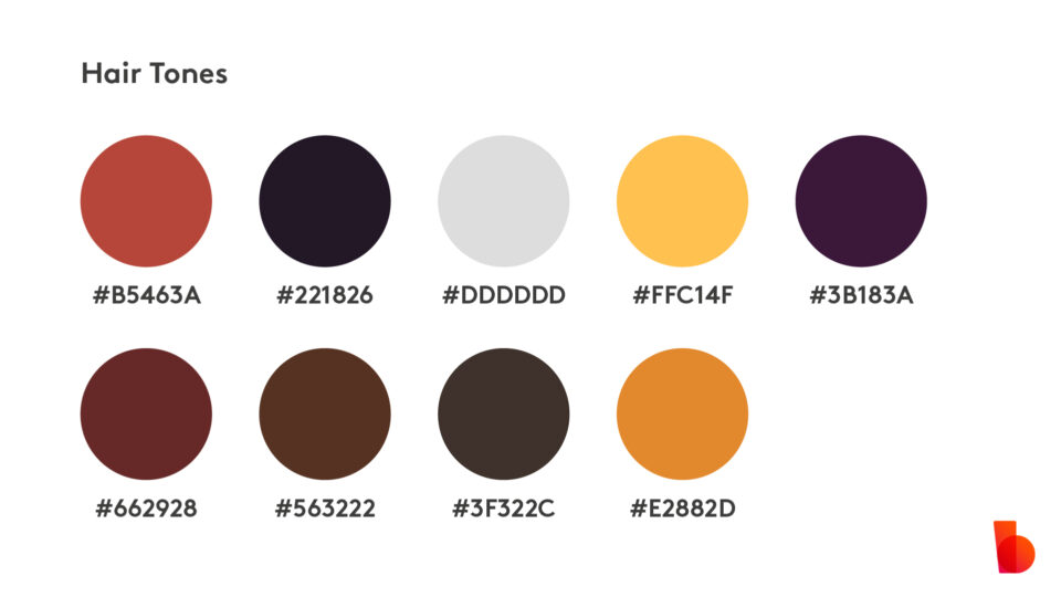 Palette of various hair color tones with corresponding hexadecimal color codes.