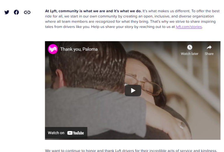A screenshot of a lyft promotional webpage featuring a video with the text "thank you, paloma" and a man and woman embracing in a hug.