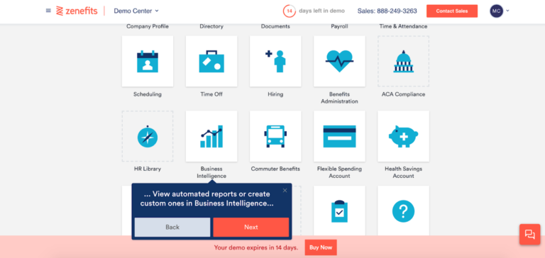 Dashboard of a human resources software platform, highlighting features like scheduling, time off, and payroll, with a notification that the demo expires in 14 days.