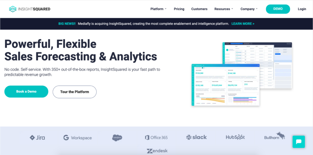 Webpage showcasing the insightsquared platform for sales forecasting & analytics with integration options.