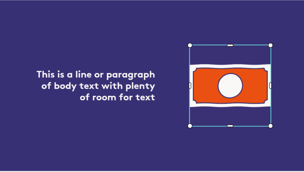 An illustration showing a text placeholder beside an image with resizing handles displayed on a blue background.