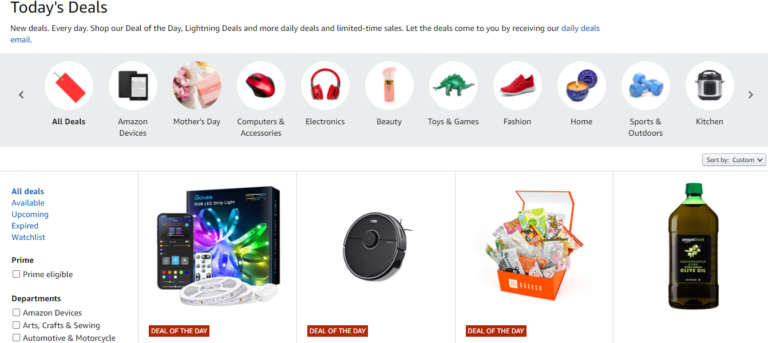 A screenshot of an online shopping website's "today's deals" page featuring various categories and discounted items including electronics, home essentials, and gift baskets.