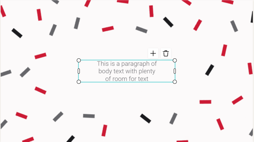 Text editing interface with a paragraph placeholder surrounded by scattered geometric shapes in black, red, and grey.