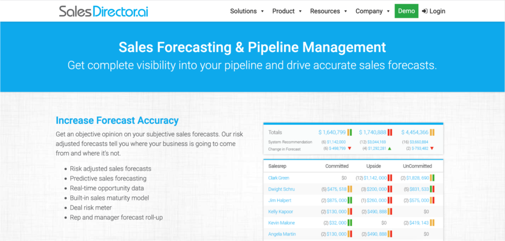 Website homepage for salesdirector.ai featuring a tagline about sales forecasting and pipeline management, with a screenshot of the software interface displaying various sales metrics.