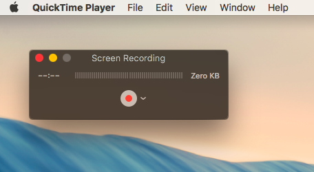 Quicktime player screen recording interface with zero kilobytes recorded.