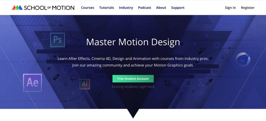 Homepage of an educational website offering courses in motion design and animation with a call-to-action for free community and student account registration.