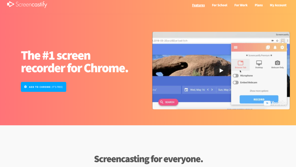 Webpage of screencastify, advertising itself as the number 1 screen recorder for chrome, promoting screencasting tools for everyone.