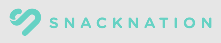 Aqua-colored snacknation logo with a stylized heart design substituting for the letter 's'.