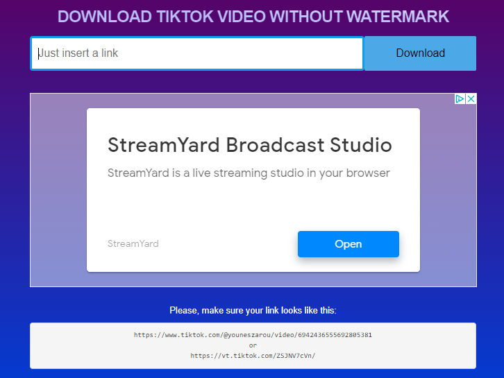 A webpage displaying an advertisement for streamyard broadcast studio overlaid on a prompt to download tiktok videos without a watermark.