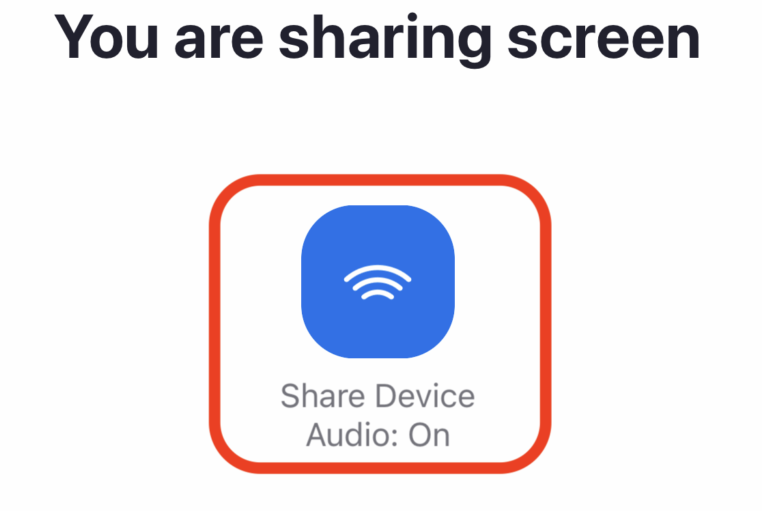 Screen sharing notification on Zoom with device audio sharing enabled.