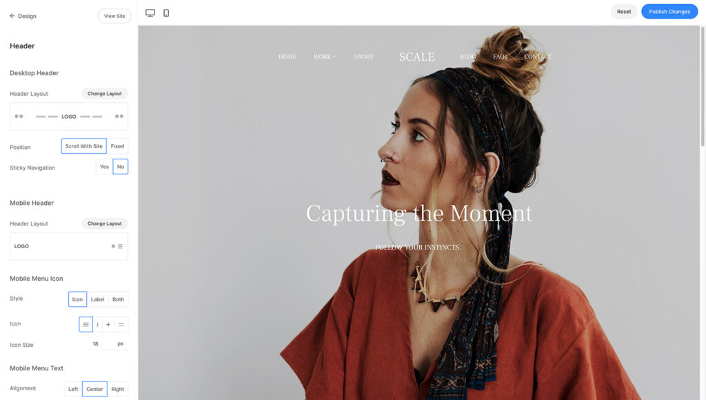 Woman posing in a relaxed bohemian style, featured on a website editing interface with "capturing the moment" text overlay.