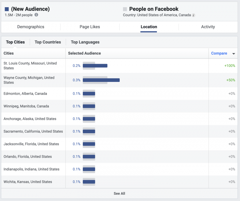 Demographic chart showing the top cities, countries, and languages of a new audience on facebook, with the united states, canada, and english being the most prevalent.