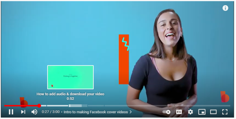 A woman presenting a tutorial on how to add audio and download a video, with video player interface elements visible on the screen.