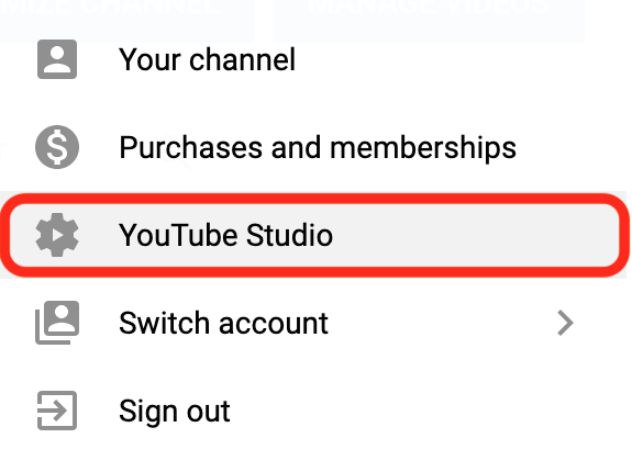Screenshot of the youtube mobile interface highlighting the "youtube studio" option in the menu.
