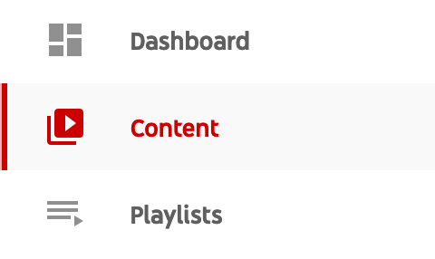 A screenshot of a web interface with three menu items: dashboard, content (highlighted), and playlists.