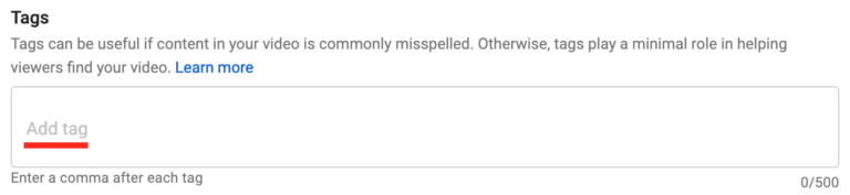 A screenshot of a video platform's tagging section with an empty field for adding tags.