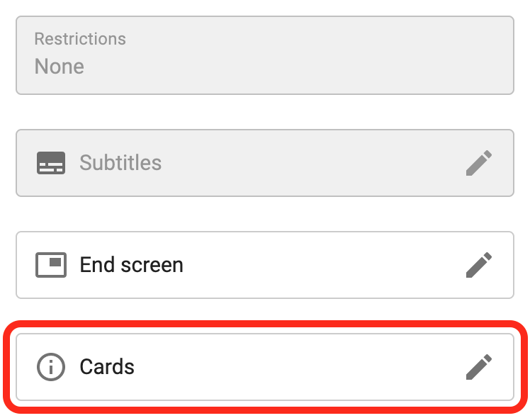 Screenshot of a video platform's settings showing options for "restrictions," "subtitles," "end screen," and "cards," with the "cards" feature highlighted.