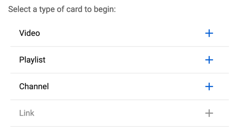 Interface showing options to add a video, playlist, channel, or link card to content.