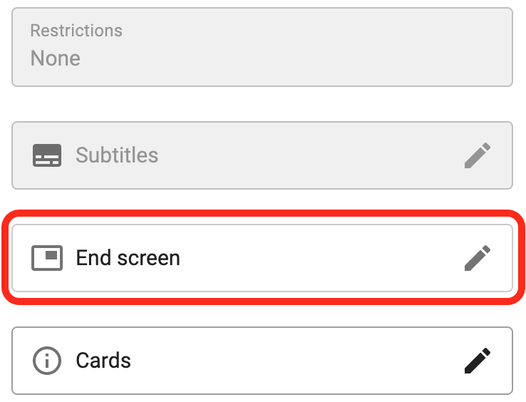 Settings menu highlighting the "end screen" option for video editing.