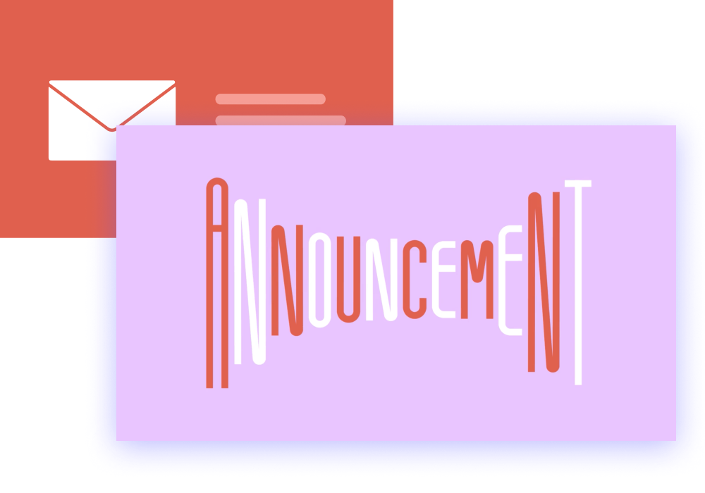 Illustration of an announcement notification with an envelope and a document displaying the word "announcement.