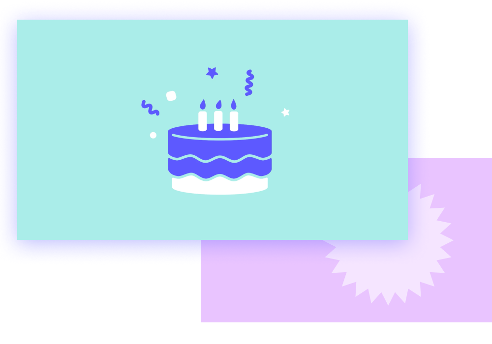 Illustration of a birthday cake with three candles on a blue and purple abstract background.