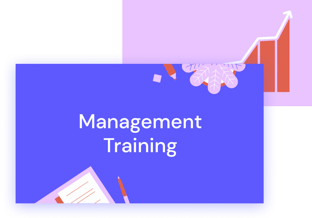 Graphic illustration promoting management training, featuring symbolic elements like a growth chart and paperwork.