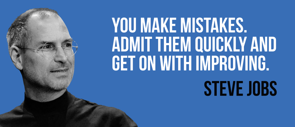 Inspirational quote by Steve Jobs on how to make a good presentation, embracing and moving past mistakes, set against a blue background with a portrait of Jobs himself.