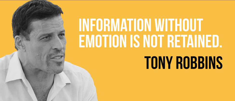 Motivational quote by Tony Robbins on how to make a good presentation, emphasizing the importance of emotion in retaining information, displayed next to his black and white portrait with a yellow background.