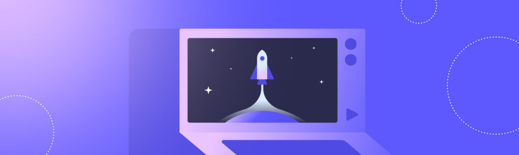 Illustration of a vintage computer displaying a rocket launch on the screen.