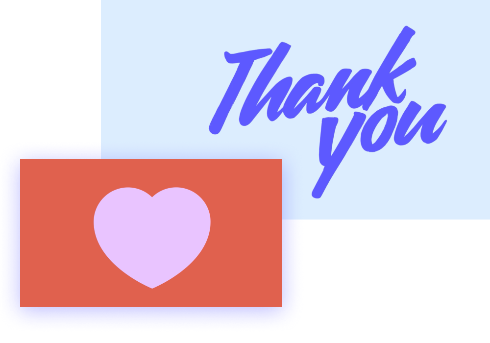 A graphic image featuring a purple "thank you" script above a red greeting card with a pink heart on it.