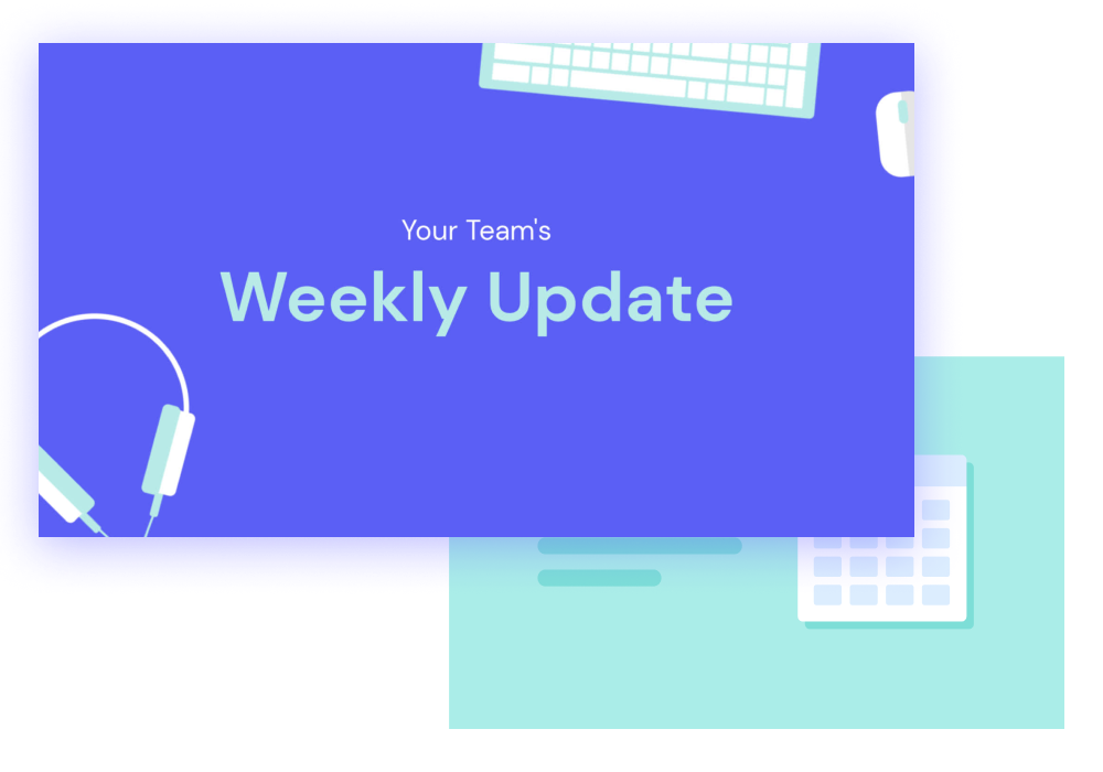 Illustration of a digital weekly update newsletter layout with office items such as a keyboard, headphones, and pen.