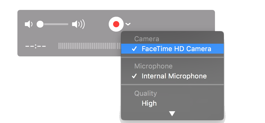 Biteable video maker's audio and camera input settings interface with options for camera selection and internal microphone volume control.