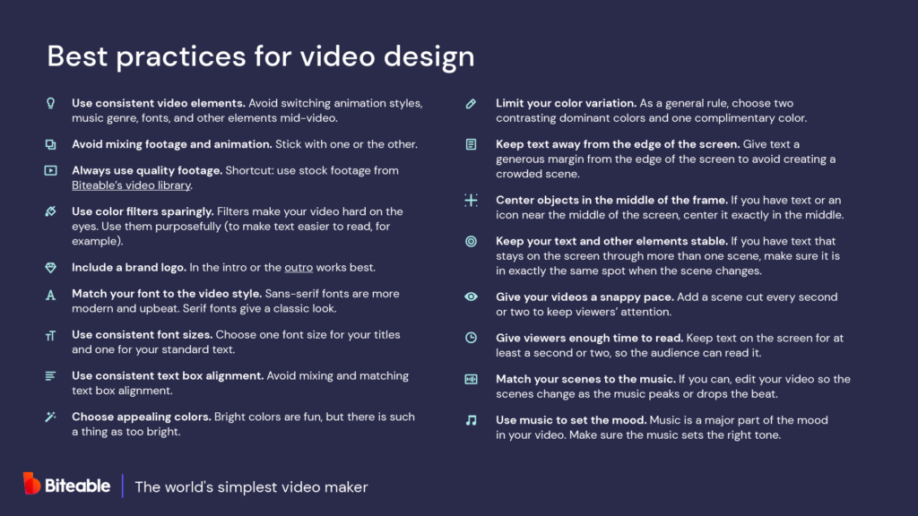 A screenshot of a Biteable video maker editing tips guide with text-based advice for creating effective video content.