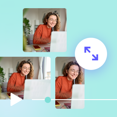 A woman with glasses smiling and working on a laptop in a bright room, depicted in a series of overlapping images with a circular cutout, crafted using Biteable video maker.