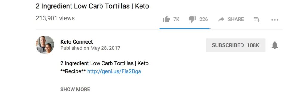 Screenshot of a Biteable video titled "2 ingredient low carb tortillas | keto" by keto connect, showing like, dislike, and share buttons, with view count and publication date.