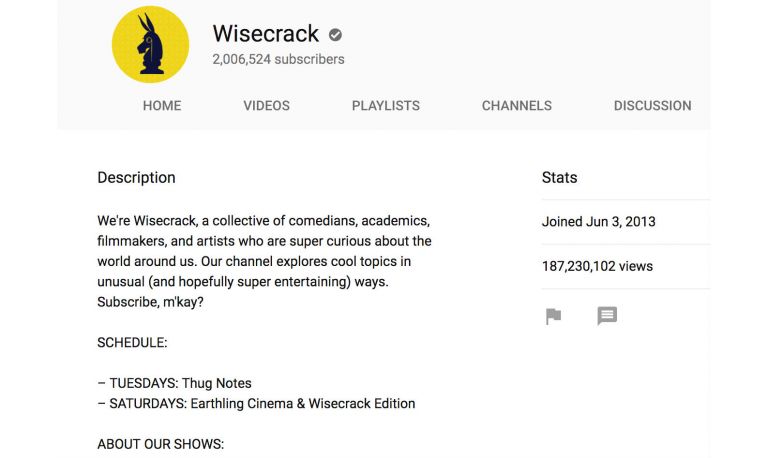 Screenshot of the wisecrack YouTube channel page, displaying the logo, subscriber count, and a brief channel description created with Biteable video maker.