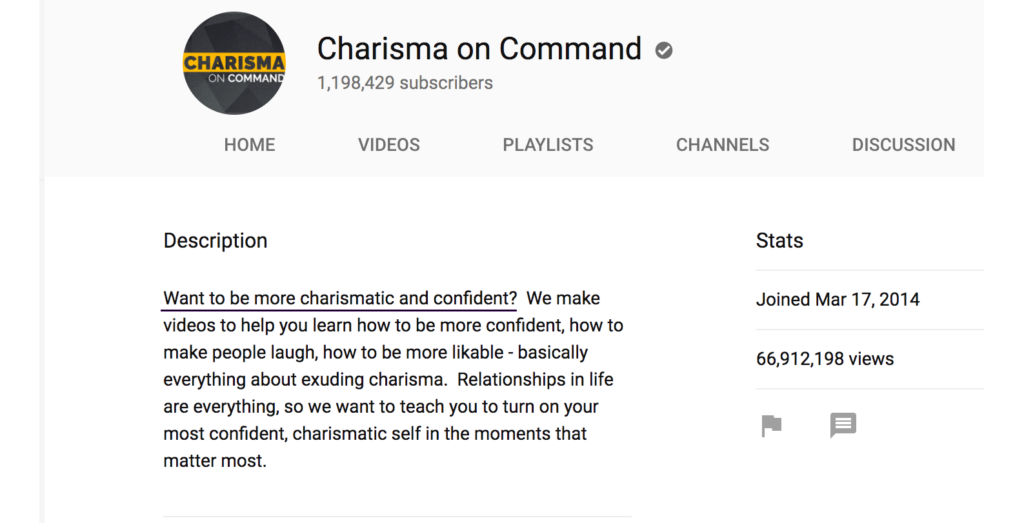 A screenshot of the "Charisma on Command" YouTube channel page, showing the channel's logo, number of subscribers, and a brief description of the content focus created with Biteable video maker.