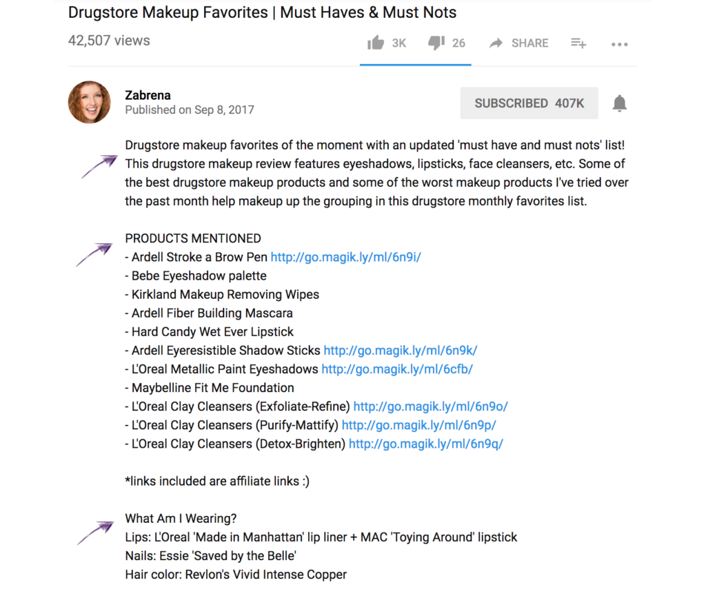 A screenshot of a Biteable video maker project detailing drugstore makeup product recommendations with clickable links for each item.