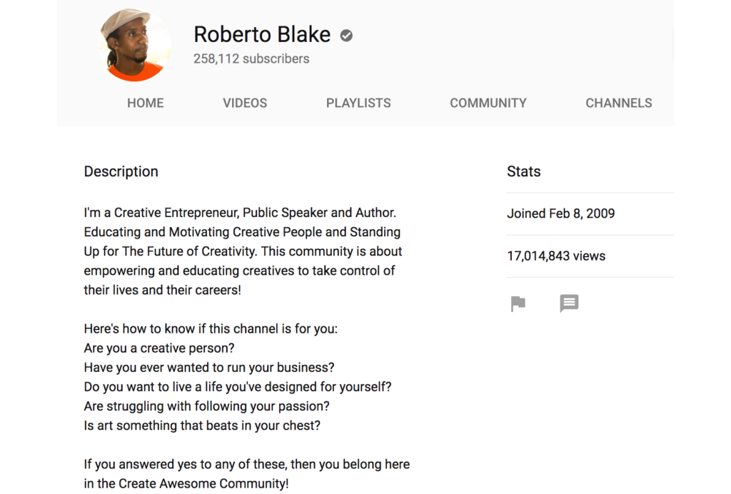 A screenshot of Roberto Blake’s YouTube channel about page, showing his profile picture, subscriber count, and a description of his channel's focus on creativity, empowerment, and the use of Biteable video maker