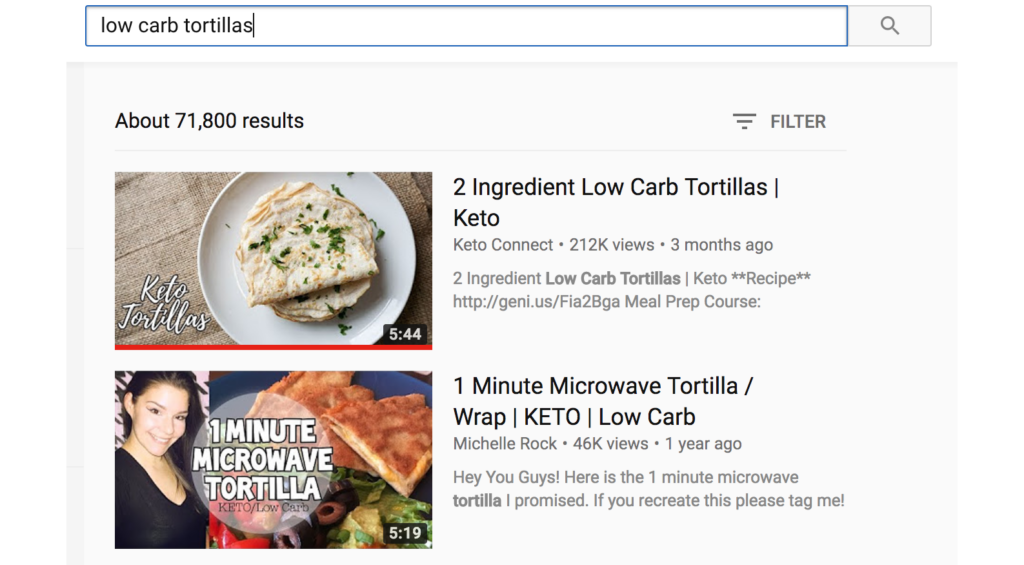 Search results for low carb tortillas featuring thumbnails of Biteable recipe videos.