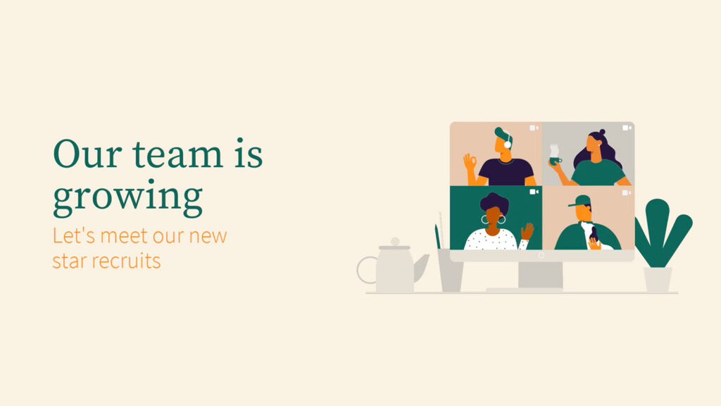 Illustration of a Biteable video maker screen displaying four diverse team members with the text "our team is growing, let's meet our new star recruits.