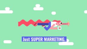 A cartoon superhero flying with a shopping cart and phone, symbolizing dynamic marketing strategies through a Biteable video maker.