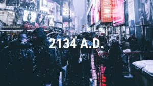 Crowd of people with umbrellas in a snow-covered Times Square at night, captured through Biteable video maker.