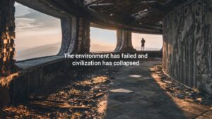 A person stands at the end of a dilapidated structure surrounded by graffiti, facing a sunset, poised to capture the scene with Biteable video maker.