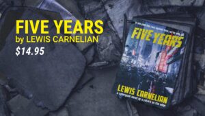 Ad image featuring the book "Five Years" by Lewis Carnelian, priced at $14.95, set against a background of broken stones, perfect for promoting with Biteable video maker.